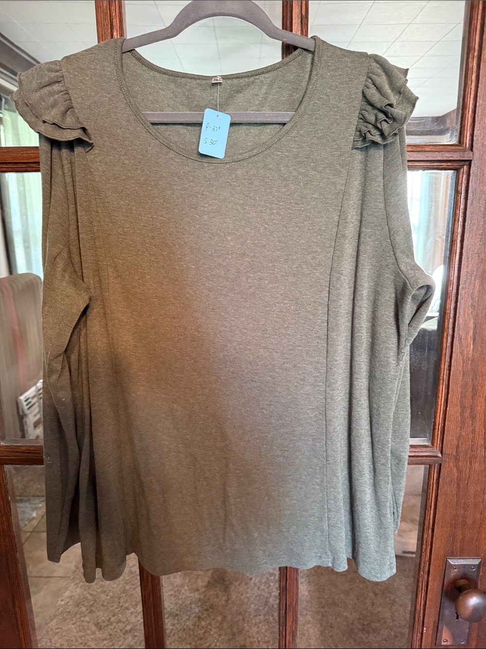 Olive Green Ruffle Shoulder Long Sleeve Scoop Neck Top Plus Size 2XL Boho Flowy
